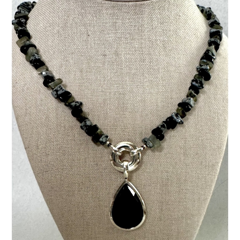Whitney Kelly 925 Sterling Silver Black Onyx Beaded Necklace Teardrop Pendant WK